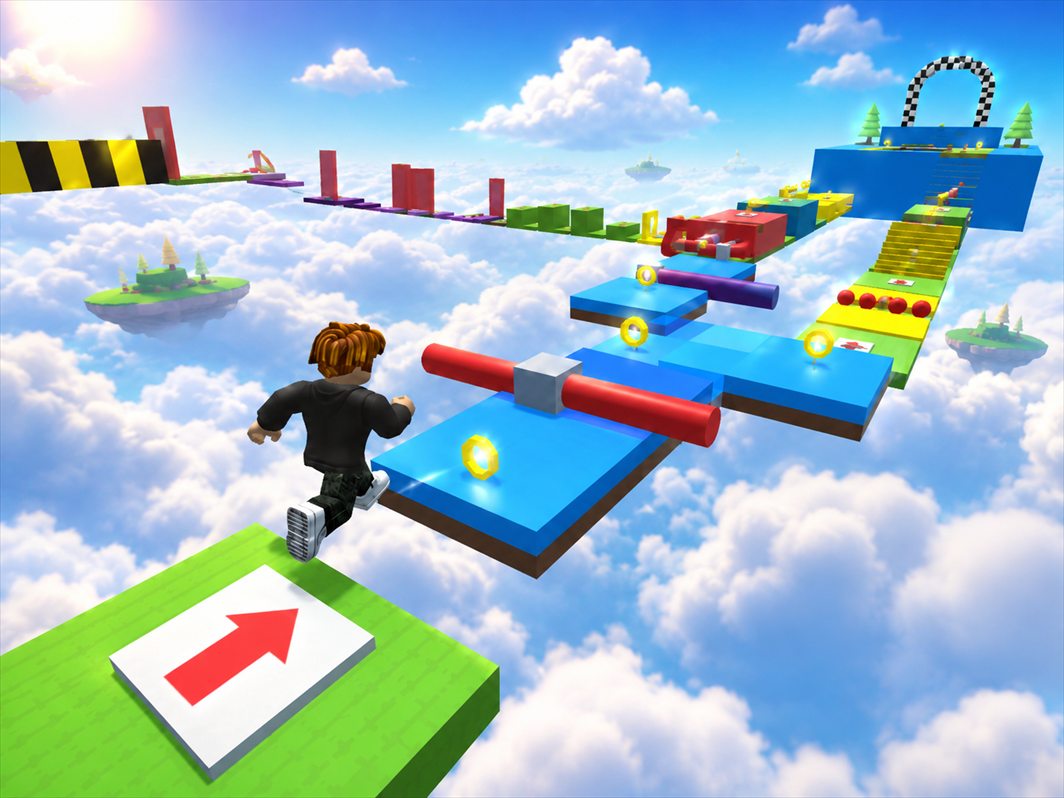 Prekážková dráha (obby) v Roblox Studiu: farebné plošiny nad oblakmi, rotujúca prekážka, zbierateľné mince a cieľová brána v diaľke