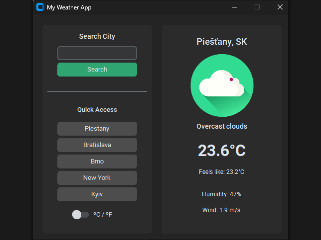 Desktopová aplikácia Počasie napísaná v Pythone: vyhľadávanie mesta, rýchle voľby miest, prepínač °C a °F a panel s aktuálnym počasím pre Piešťany