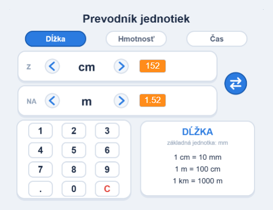 Aplikácia Prevodník jednotiek naprogramovaná v Scratchi: prepínanie kategórií dĺžka, hmotnosť a čas, výber jednotiek, číselná klávesnica a prehľad prevodných vzťahov